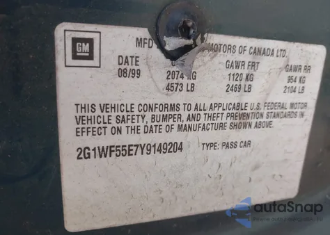 2000 Chevrolet Impala z USA, uszkodzony, nr VIN 2G1WF55E7Y9149204